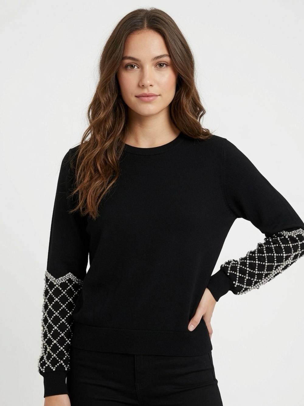 Express Black Crewneck Sweater with Beaded Lattice Sleeves - Picture 1 of 3